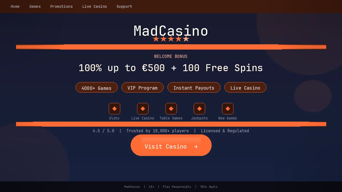 MadCasino platform showing signup bonus and game categories available in Canada