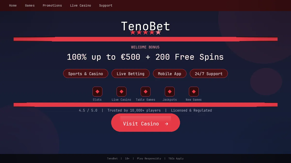 TenoBet platform showing signup bonus and game categories available in Canada